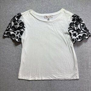 CATHERINE MALANDRINO Blouse M Black White Embroidered Floral Puff Sleeves Top